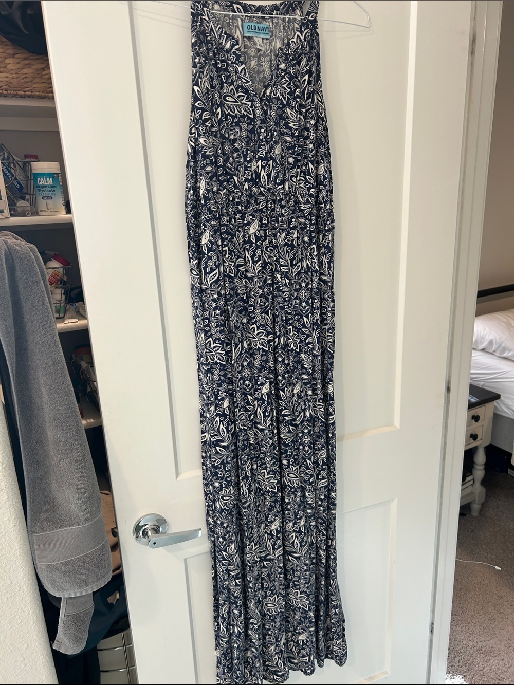 Old Navy Navy and White Printed Maxi Dress with Paisley Motif